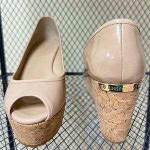 JIMMY CHOO patent leather nude wedges. Size 39/8.5